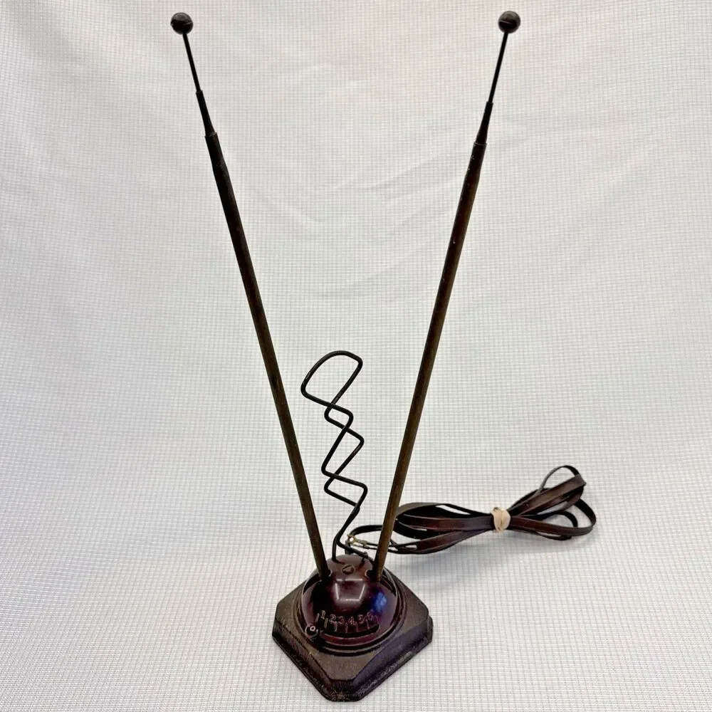 Vintage TV Antenna Telescopic Rabbit Ears Cast Iron Base & Brass Arms for VHF